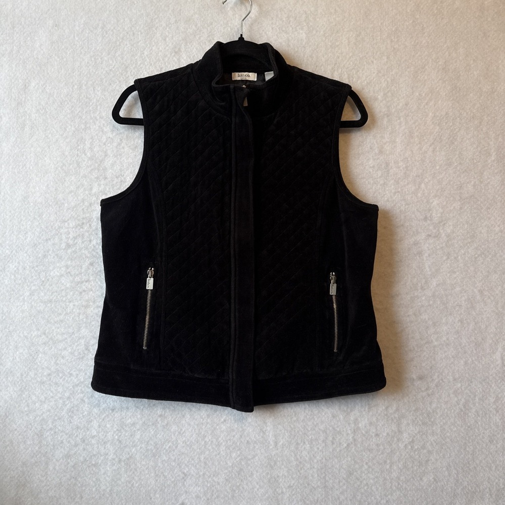 Liz & Co Quilted Velvet Black Mock Neck Full Zip Vest PL Pockets Quiet Luxury